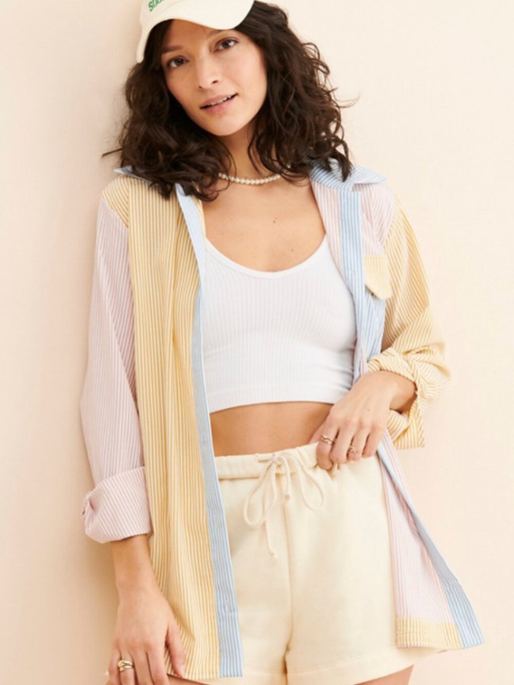 4SI3NNA Pastel Striped Patchwork Button-Down Shirt